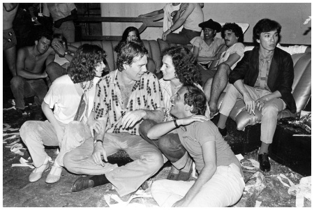 Ryan O'Neal, Margaret Trudeau, Steve Rubell and Grace Jones on sofa at Studio 54, 1978 (Robin Platzer), 1978